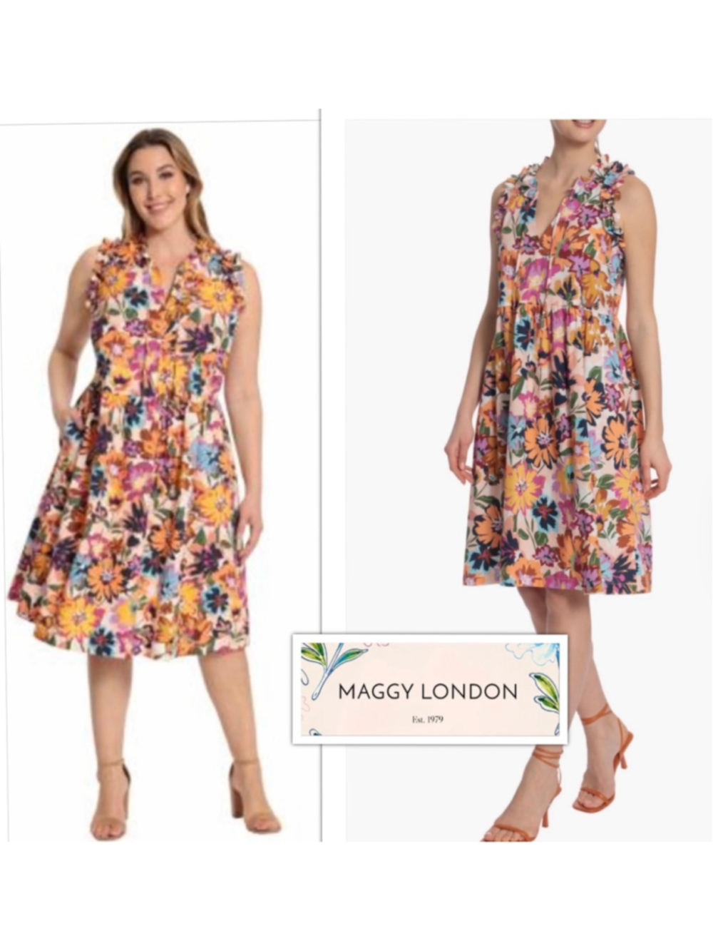 Maggy London Ruffled Swing Abstract Floral Poplin Sun Dress size 4 Retail $145